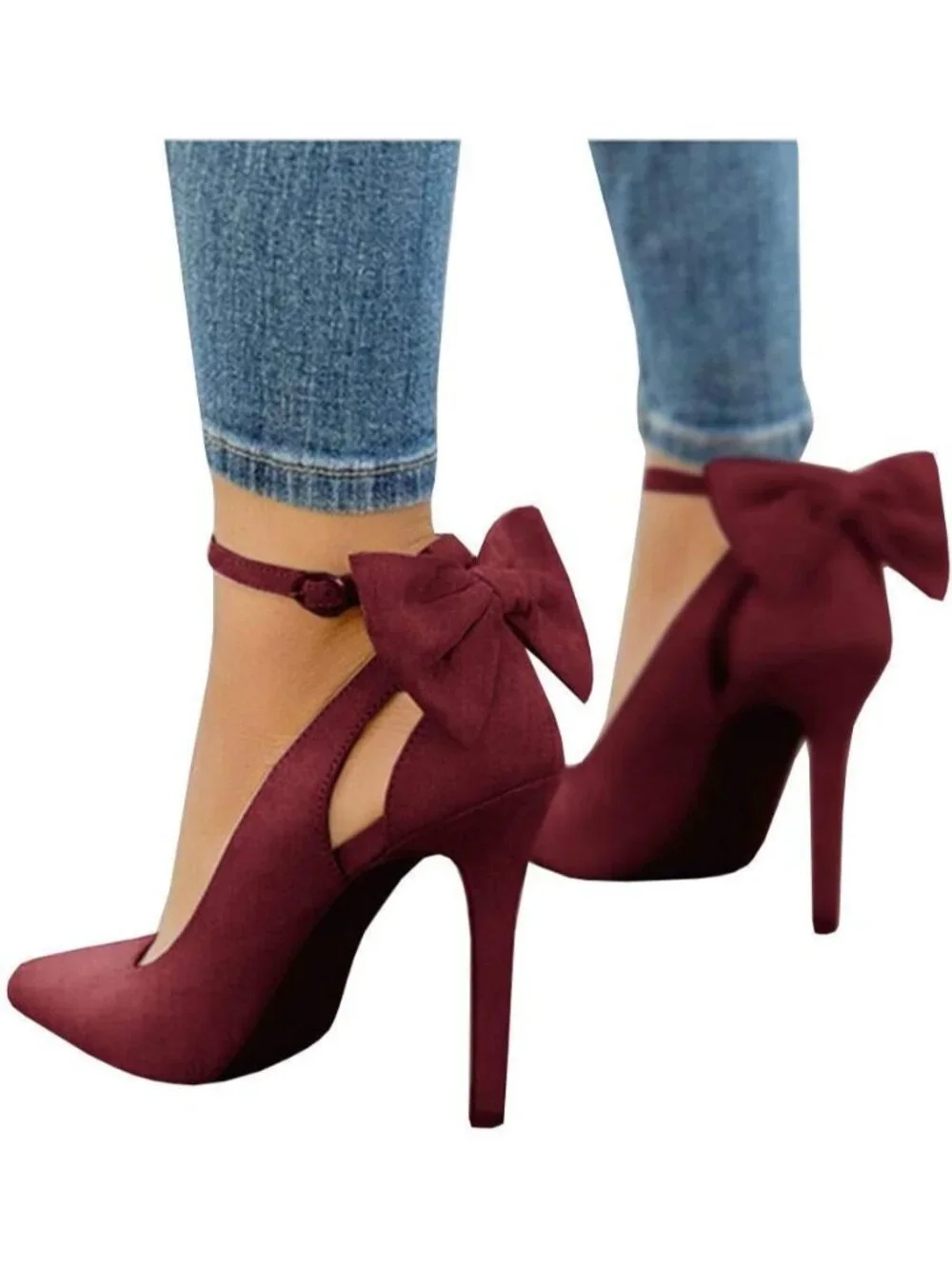 Women's Wine Red Pointed Toe High Heels Ankle Strap Sexy Bowtie Back Sandals